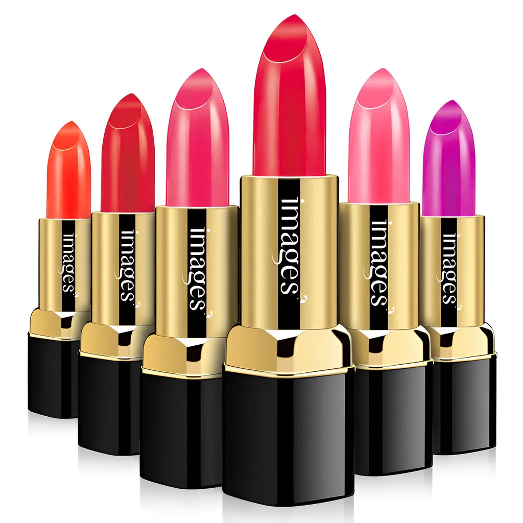 Moisturising lipstick lip gloss in a case, shown in multiple colours including coral red and pink.