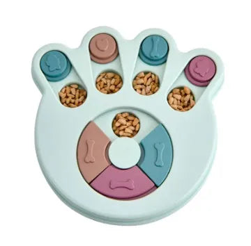 Dog eating interactive stuffy toy slow feed bowl in blue with non-slip base and small food sections