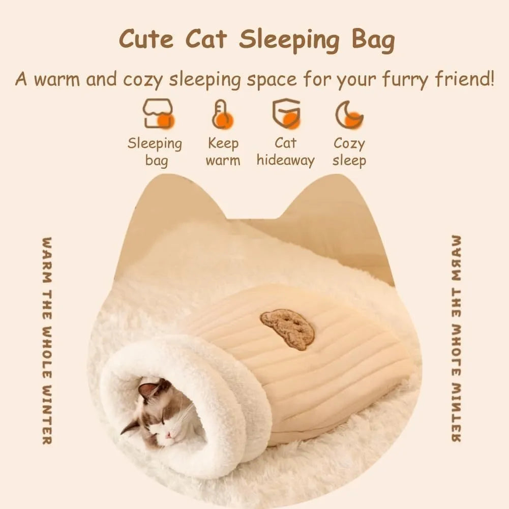 Plush cat sleeping bag in Blue, M size 44 x 37 cm, semi-enclosed cat bed cave for indoor cats and kittens