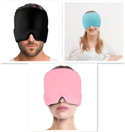 Soothing ice gel eye mask for headache relief, featuring a cooling gel pack and premium elastic cloth for a comfortable fit