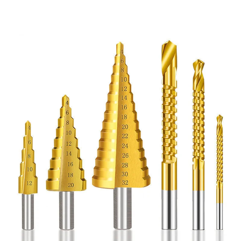 High speed steel cone step drill bit and centre punch set with numbered colour options on a workbench.