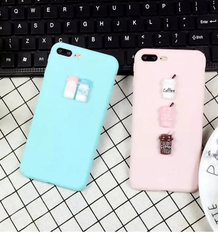 Frosted mobile phone case with 3D baby bottle and coffee cup design in turquoise