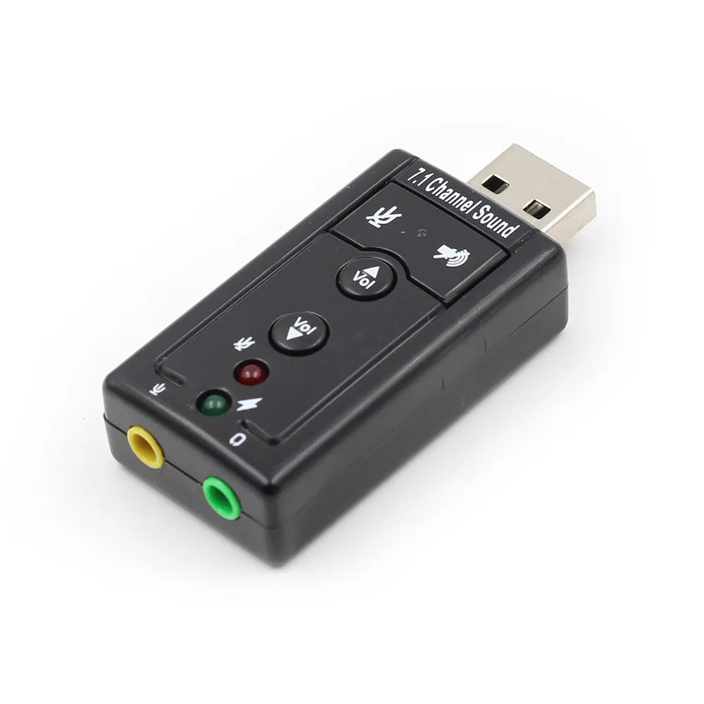 Black external USB sound card with 3.5mm headphone and microphone jacks for PC laptop computer audio adapter