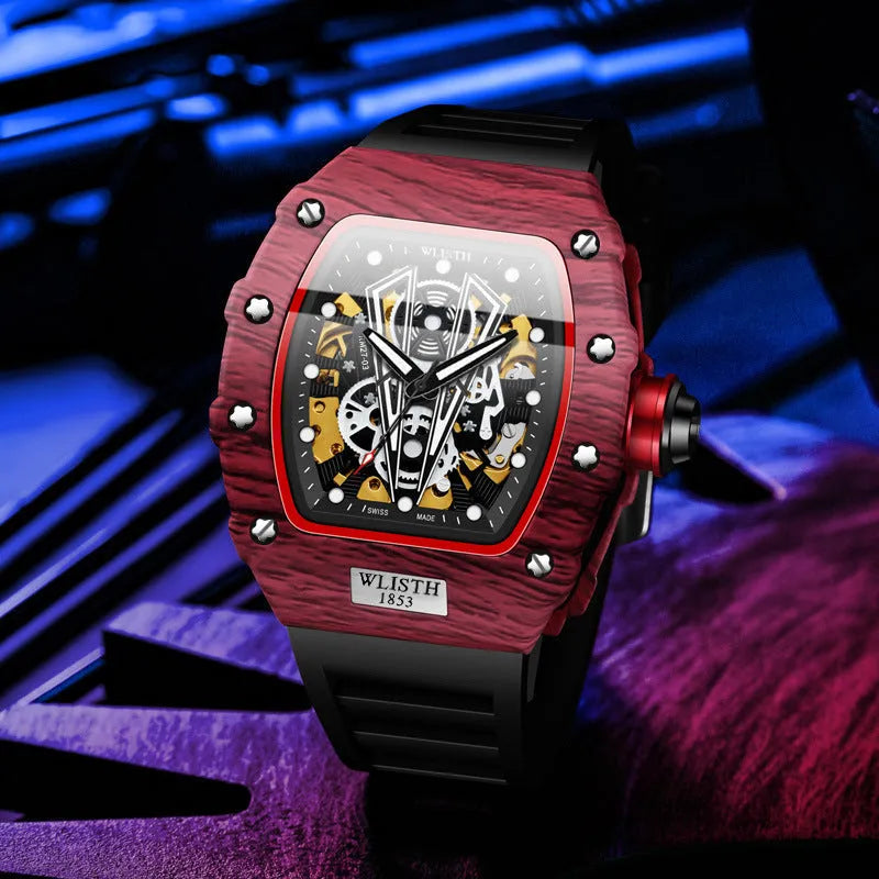 Men's automatic mechanical sports watch with luminous pointer display, 44mm dial, black or red case and black strap