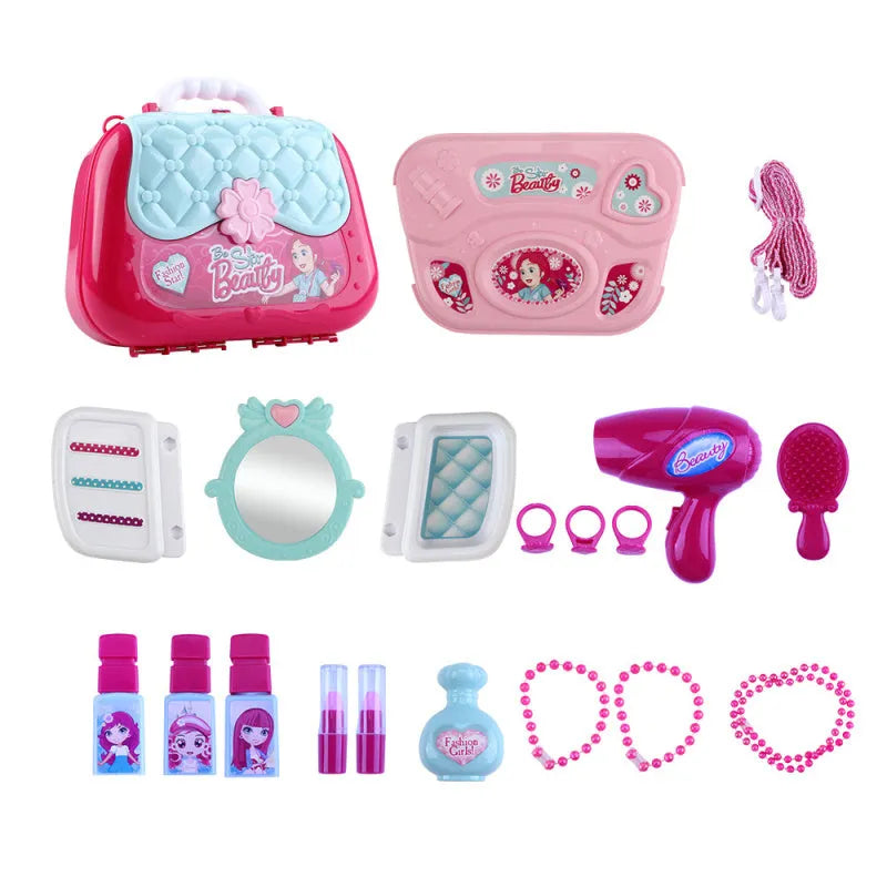 Children's portable cosmetics suitcase Pink make-up table plastic toy set for kids 4-6
