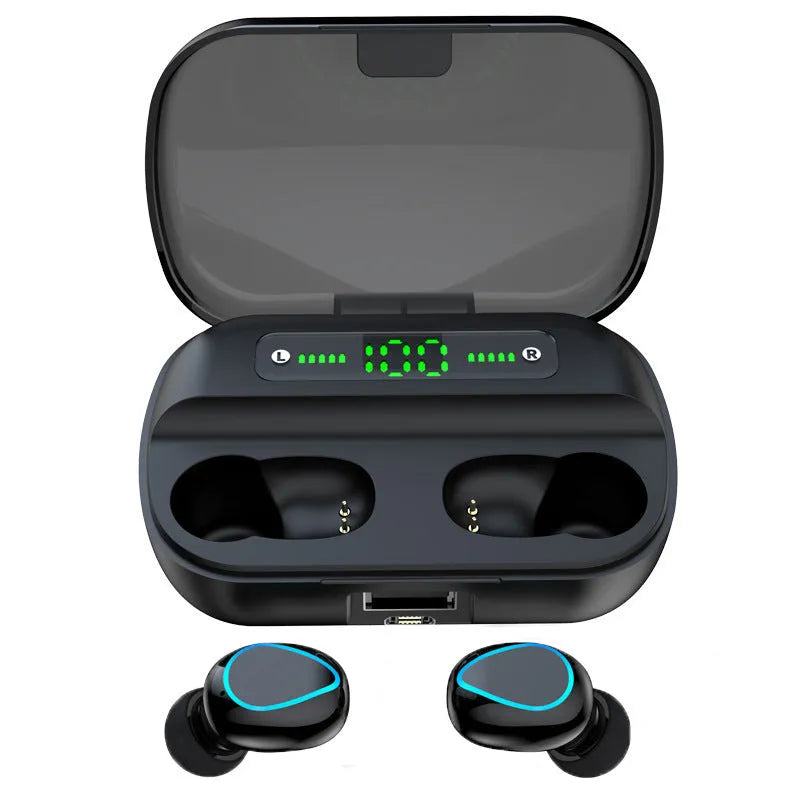 Black wireless Bluetooth headset with earplug design showing Bluetooth 5.0 and 10m range capabilities