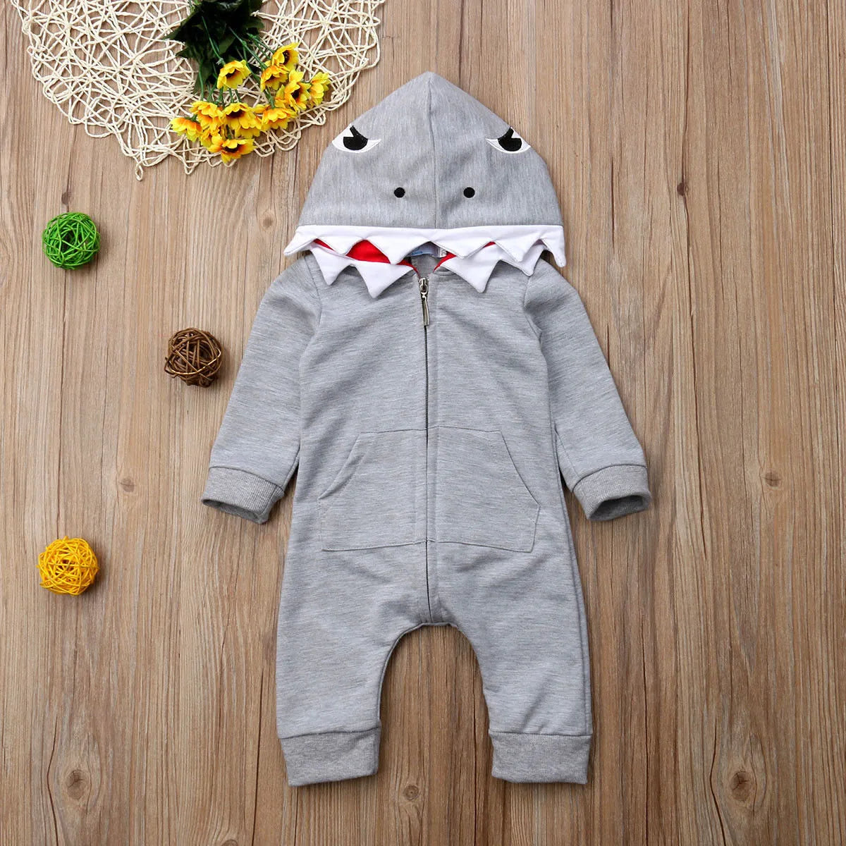Children's cartoon shark hooded robe in gray, with zipper closure and long sleeves