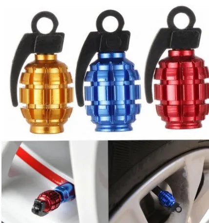 Two car tyre valve caps in red, blue, and gold colours on a white background