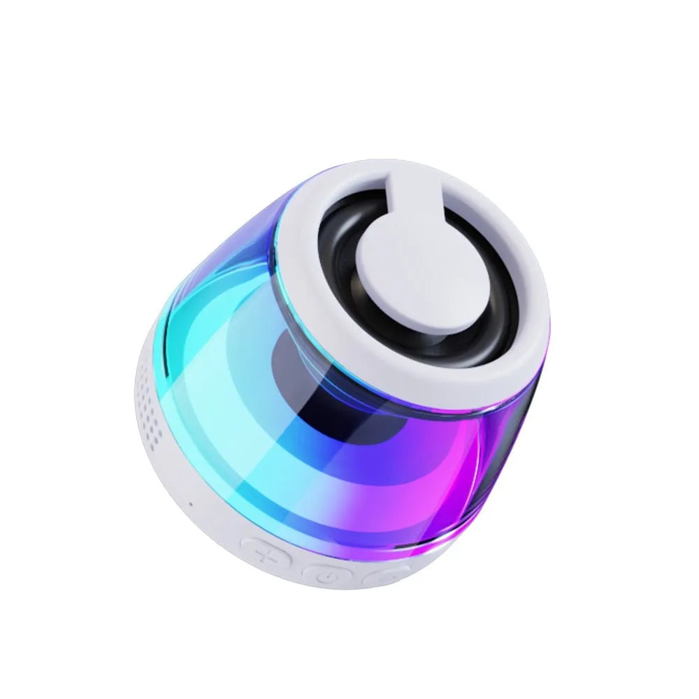Portable white or black Bluetooth speaker with ambient lighting effects and magnetic mounting