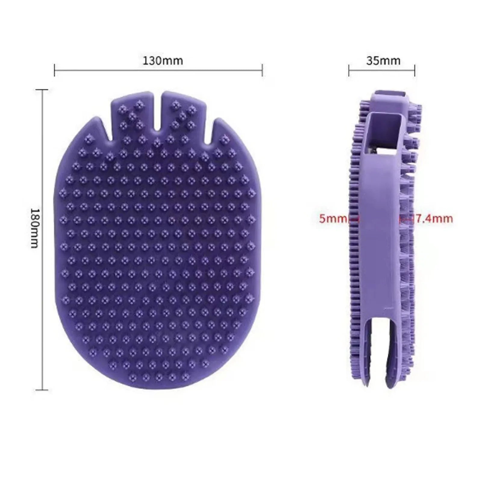 Purple pet shampoo brush with soft bristles and ergonomic handle for dog and cat grooming