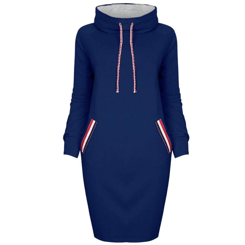 Elegant long sleeve midi dress in various colors and sizes, featuring a high collar and flattering silhouette