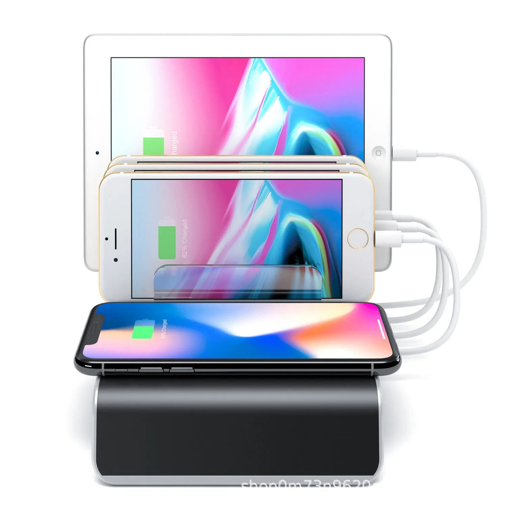 Black universal charging stand for tablets and mobile phones with wireless charging station