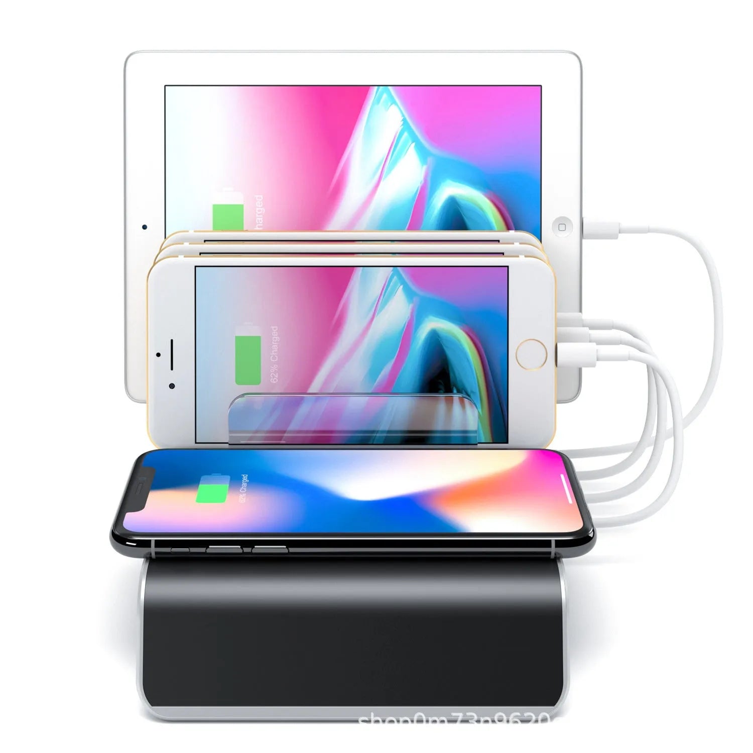 Black universal charging stand for tablets and mobile phones with wireless charging station