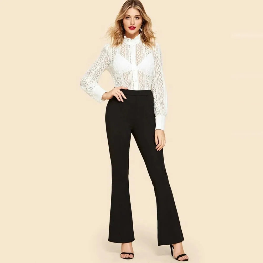High waist black flared pants for ladies in cotton polyester blend fabric, professional style