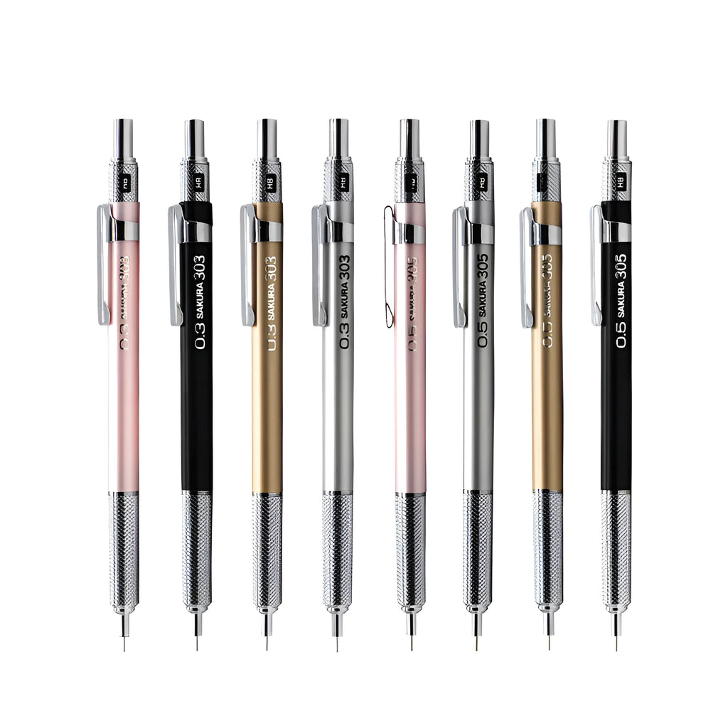 Japanese cherry blossom metal mechanical pencil in gold, silver, black, or pink with 0.5mm or 0.3mm lead options