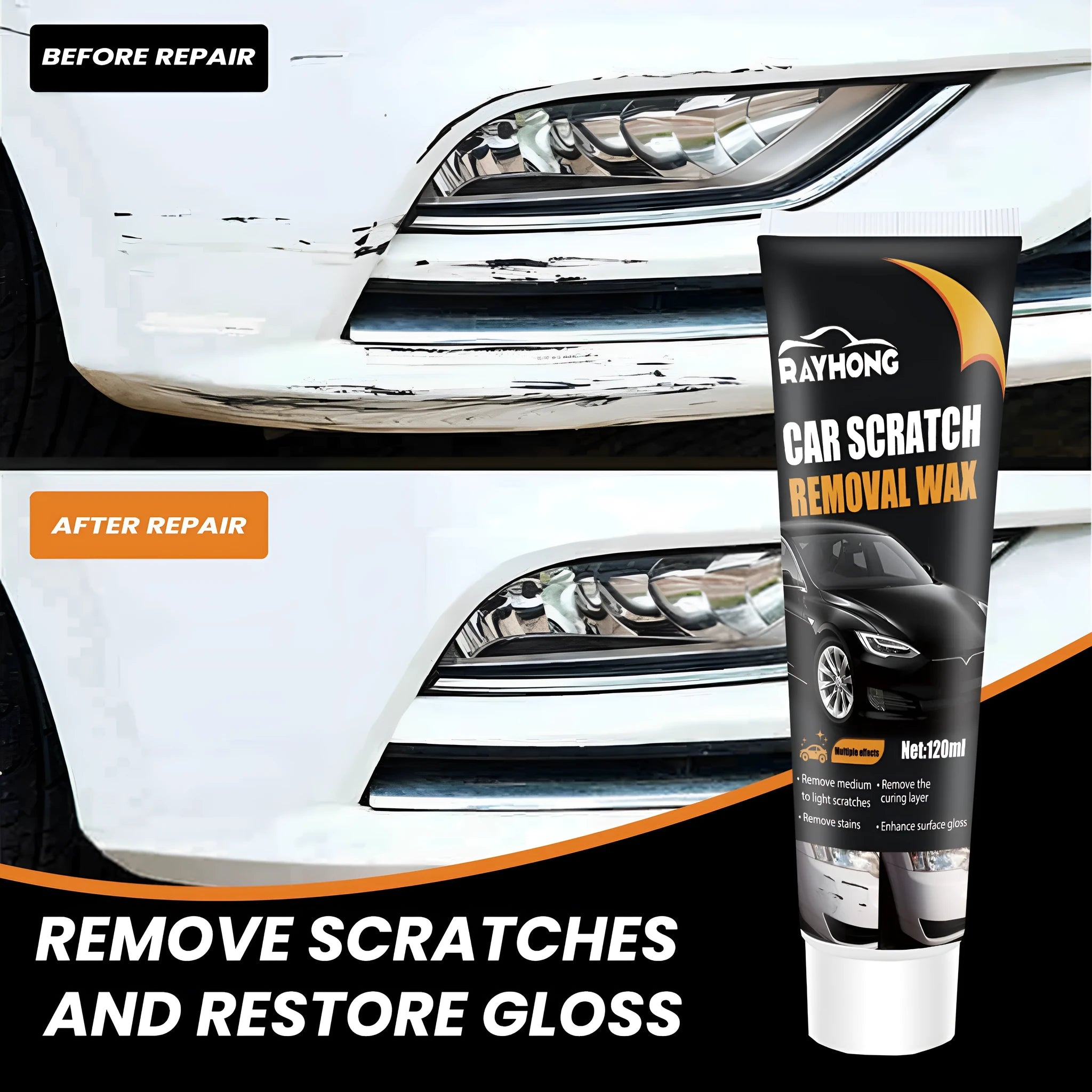 120ml car scratch wax kit with sponge and towel for paint polishing.