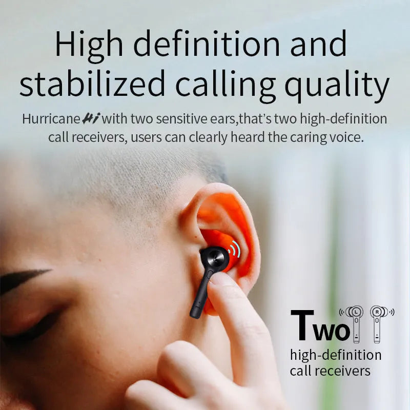 Black true wireless stereo Bluetooth headset earbuds on a white background.