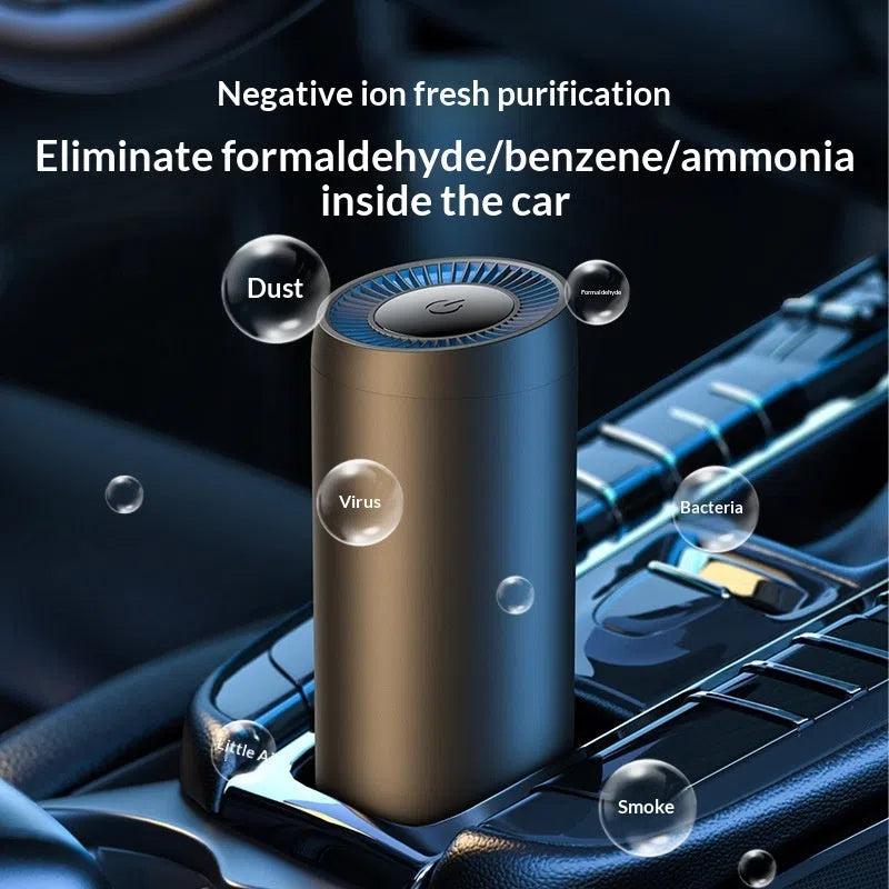 Small portable USB car air purifier with black aluminium alloy shell and ABS construction, 3W power rating