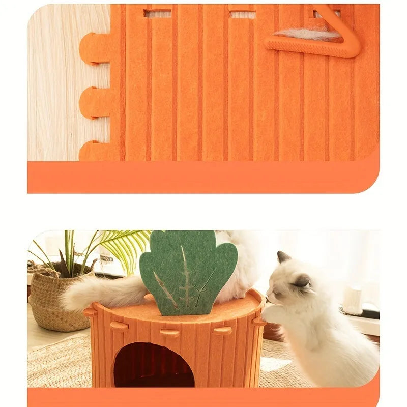 Orange felt carrot-shaped cat nest with a round tunnel entrance, shown in medium and large sizes.