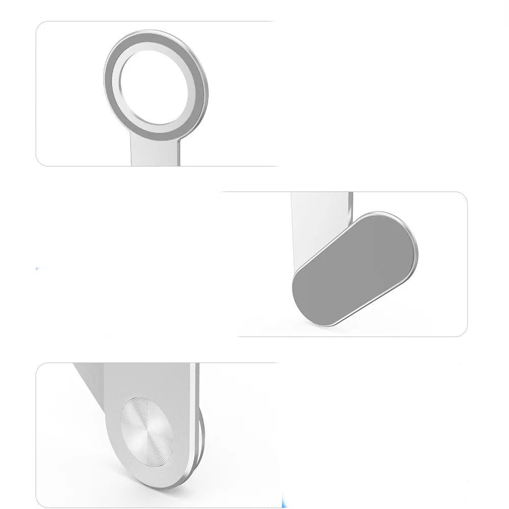 Metallic silver aluminium alloy mobile phone holder for Apple iPhones on desktop