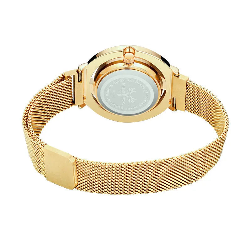 Quartz wrist watch with 32mm round alloy case, Milano mesh stainless steel strap, and magnet closure in golden blue dial option