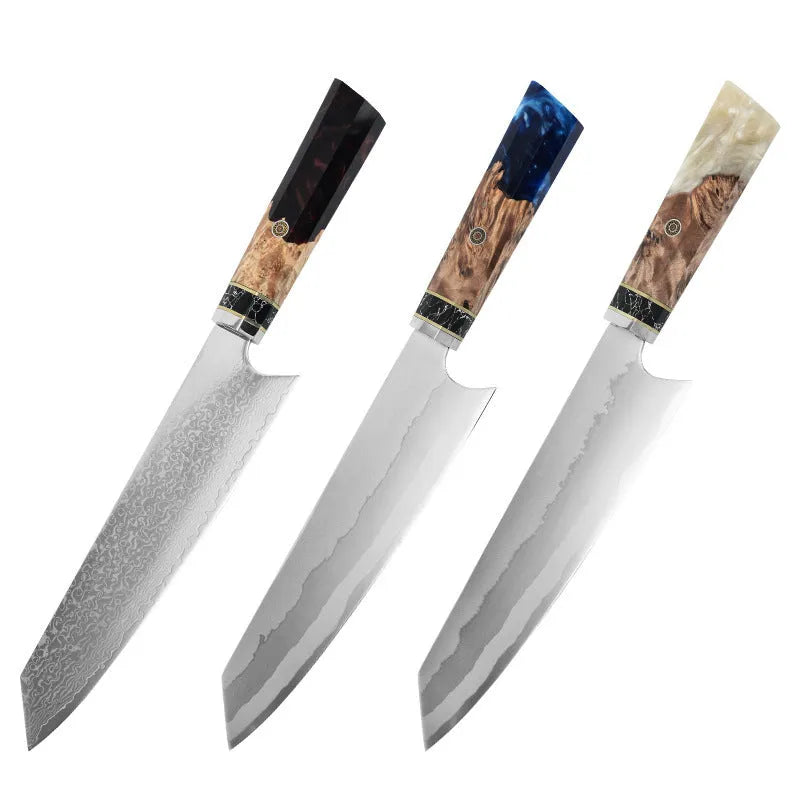 Stainless steel chef knife with 440C blade and turquoise resin handle on cutting board