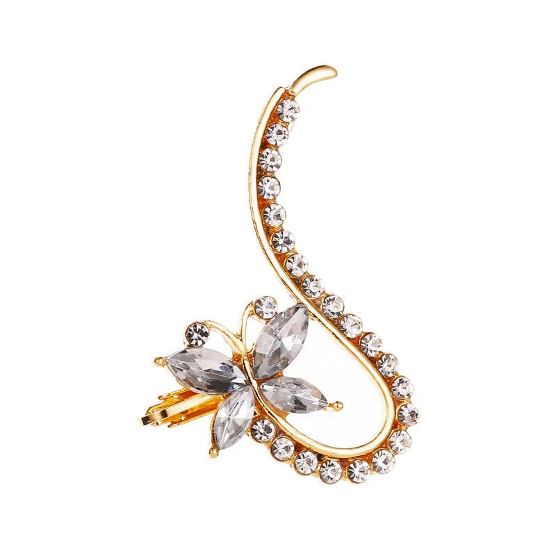 Full crystal butterfly and flower single crystal ear clip in gold alloy finish with artificial gemstone inlay
