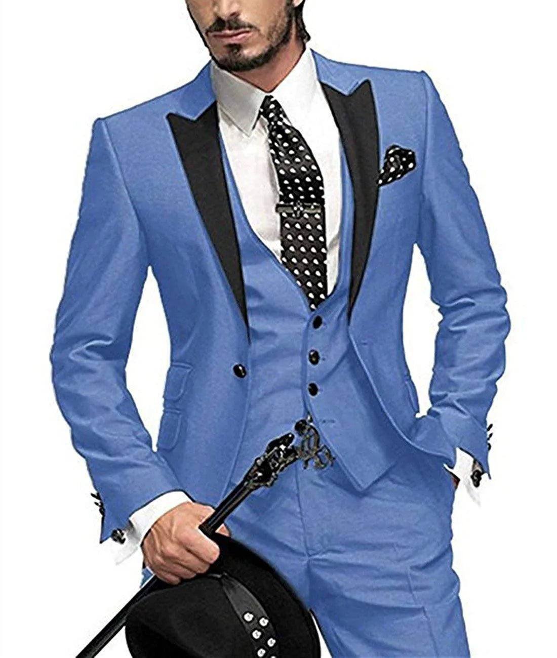 Men's three-piece slim fit wool serge suit in navy blue, shown as jacket, trousers, and waistcoat on a model