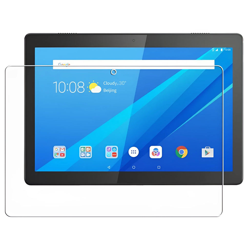 White PET screen protector for Lenovo Tab E10 tablet on a clear background.