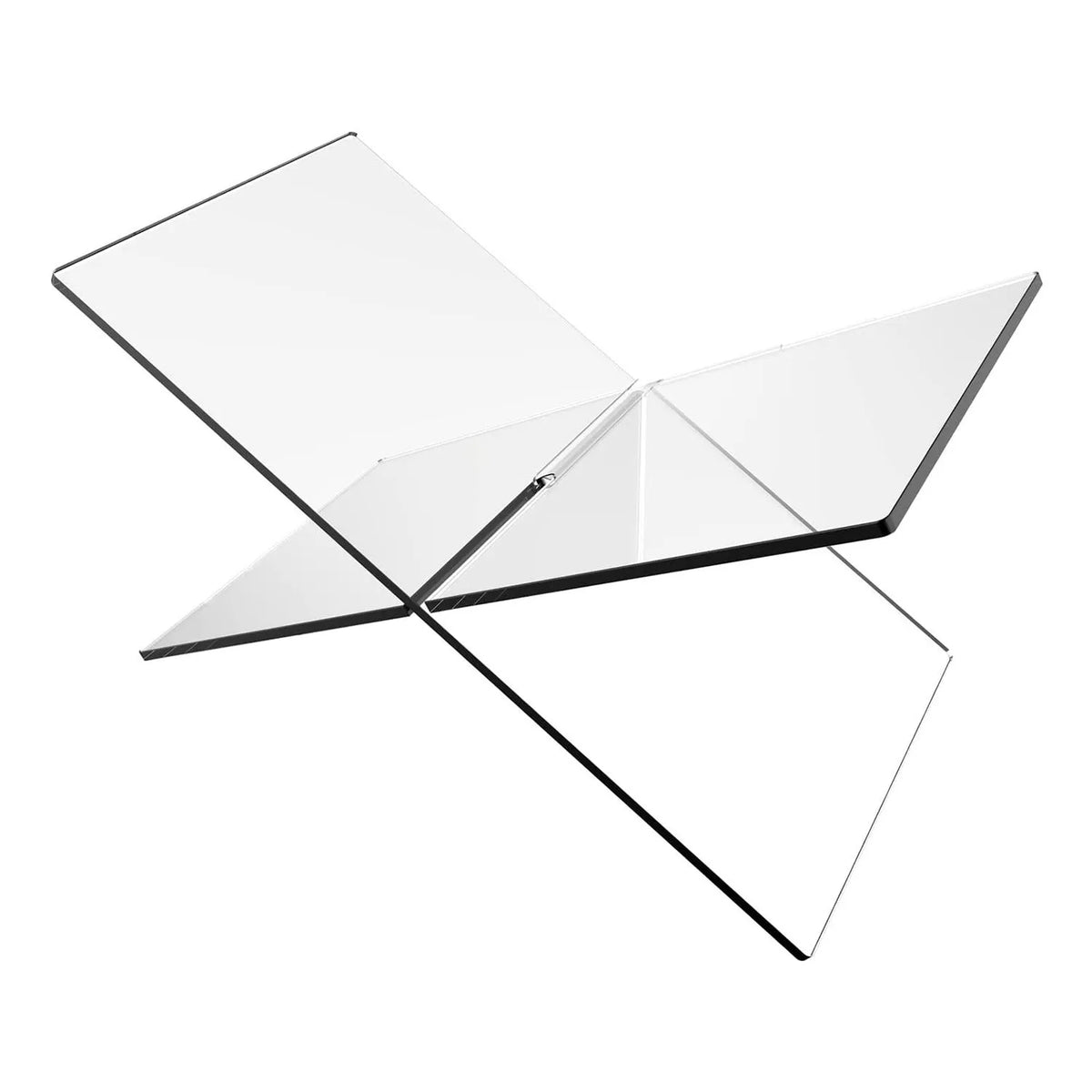 Clear acrylic X-shaped book reading rack displaying a book on a desktop.