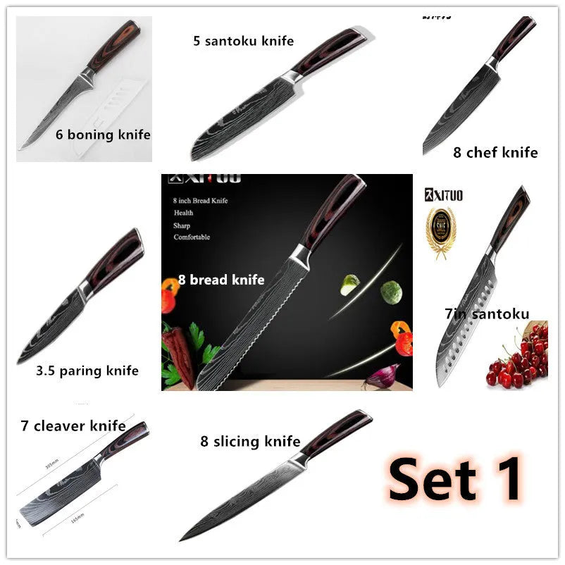 7Cr17 stainless steel kitchen knife with Damascus patterned 18 cm blade and coloured wood handle