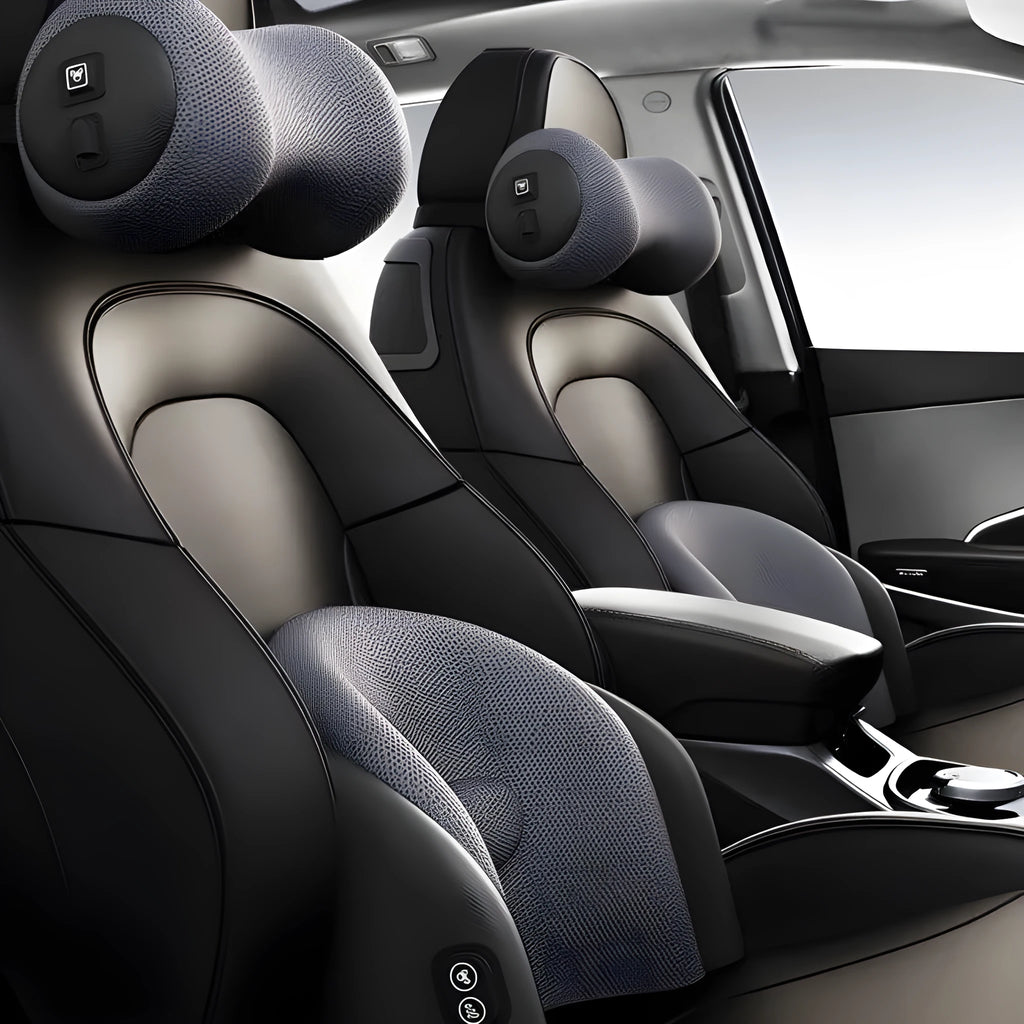 Car massage cushion with headrest attachment on vehicle seat