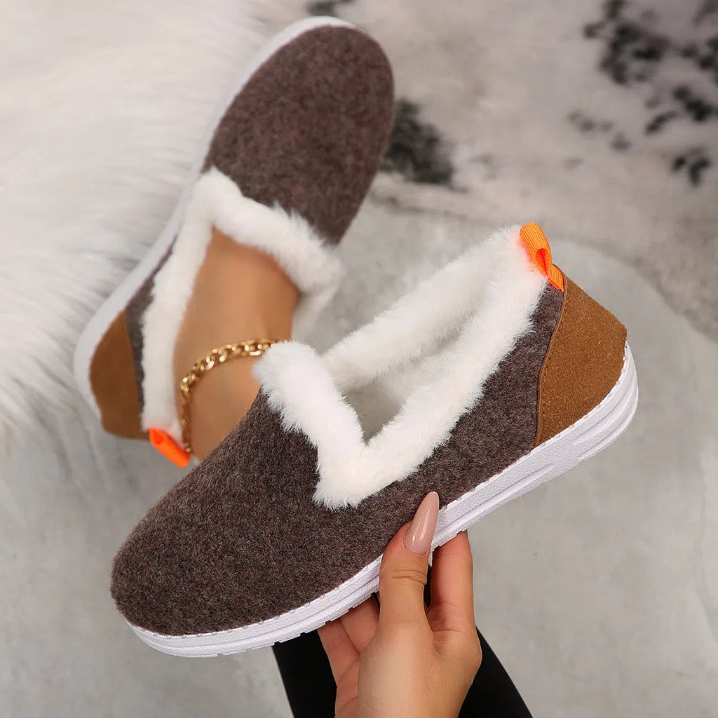 Women's Korean style thick soled low top suede slip on loafers with warm plush lining in rose red
