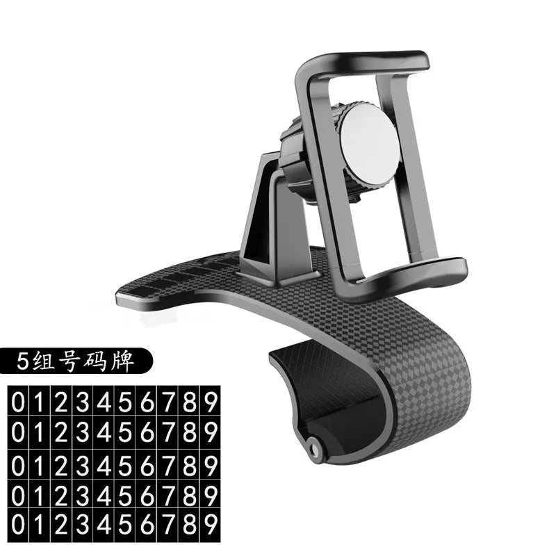 Black 360-degree adjustable universal car phone mount shown on car dashboard holding smartphone