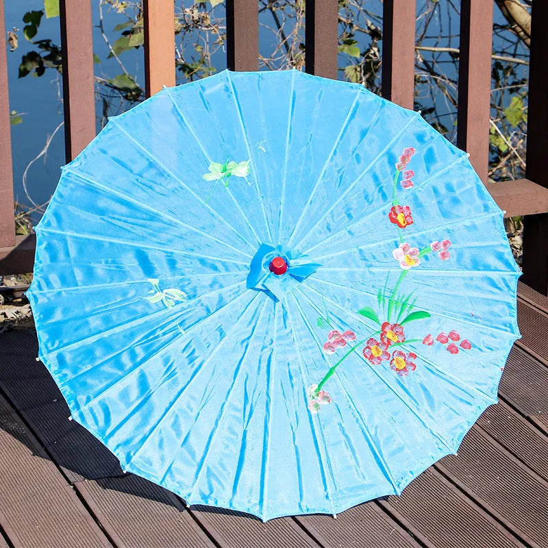 Handmade Chinese style silk dance umbrella with wooden pole, available in bright red and other colours