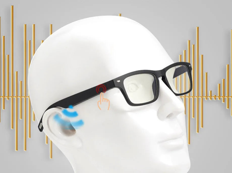 Smart glasses with semi-open Bluetooth audio speakers on temples and dark UV400 protective lenses.