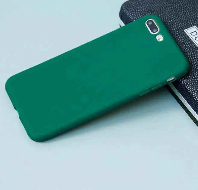 Frosted matte soft shell phone case for iPhone, shown in multiple colour options including blue, pink and black.