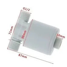White nylon automatic float valve with threaded connection for water tank level control.