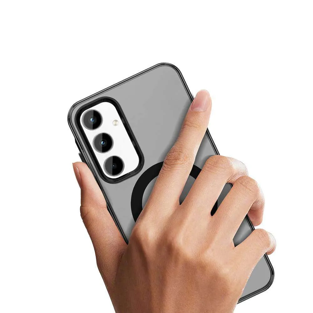Front view of Samsung Galaxy S25 frosted matte magnetic phone case in black with built-in kickstand