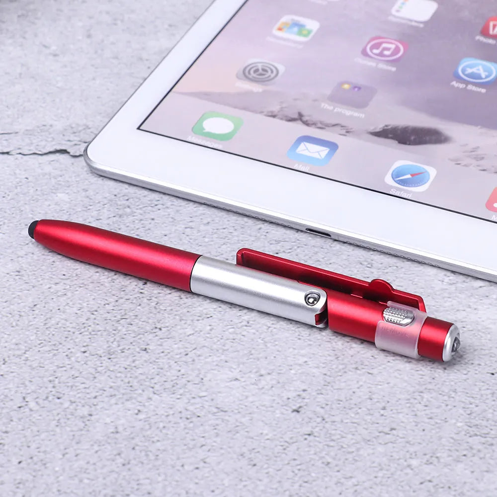 4-in-1 folding light pen mobile phone holder showing pen, phone stand, and LED light functions