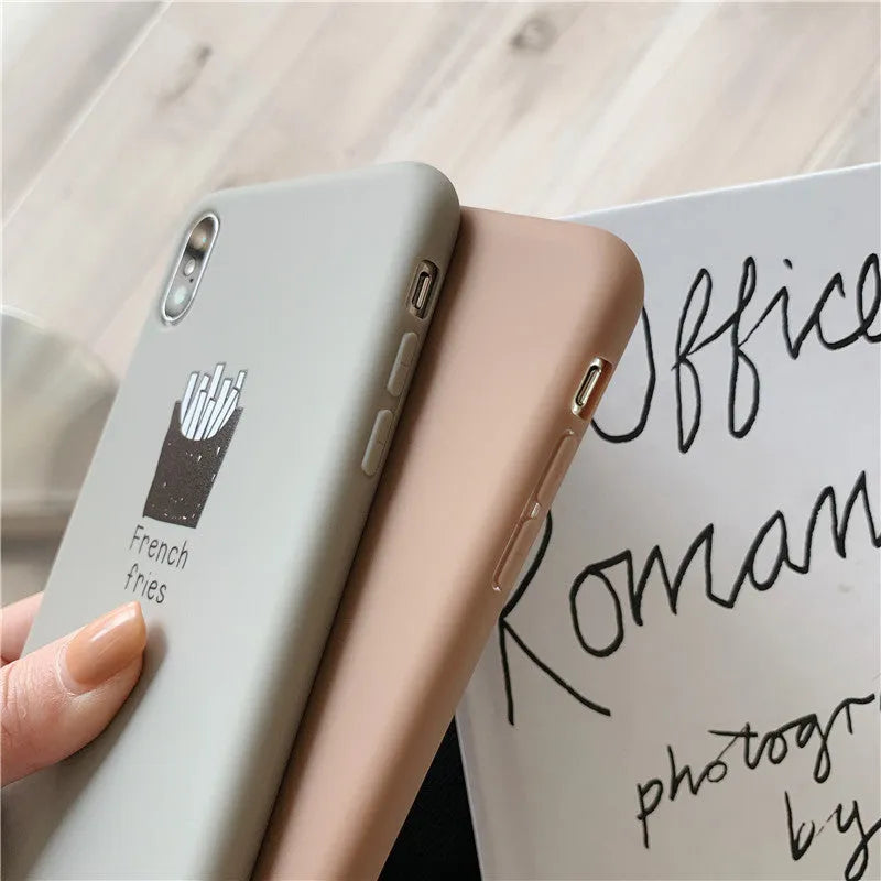 Silicone iPhone case with ice coffee and french fries couple designs on matte background