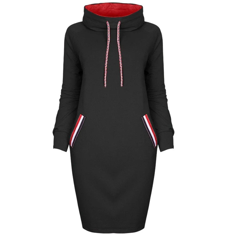 Elegant long sleeve midi dress in various colors and sizes, featuring a high collar and flattering silhouette