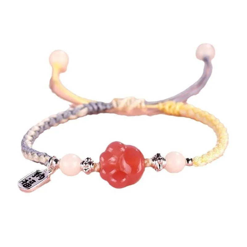 Red cat's paw woven couple bracelet with glass and coloured glaze in pastoral style