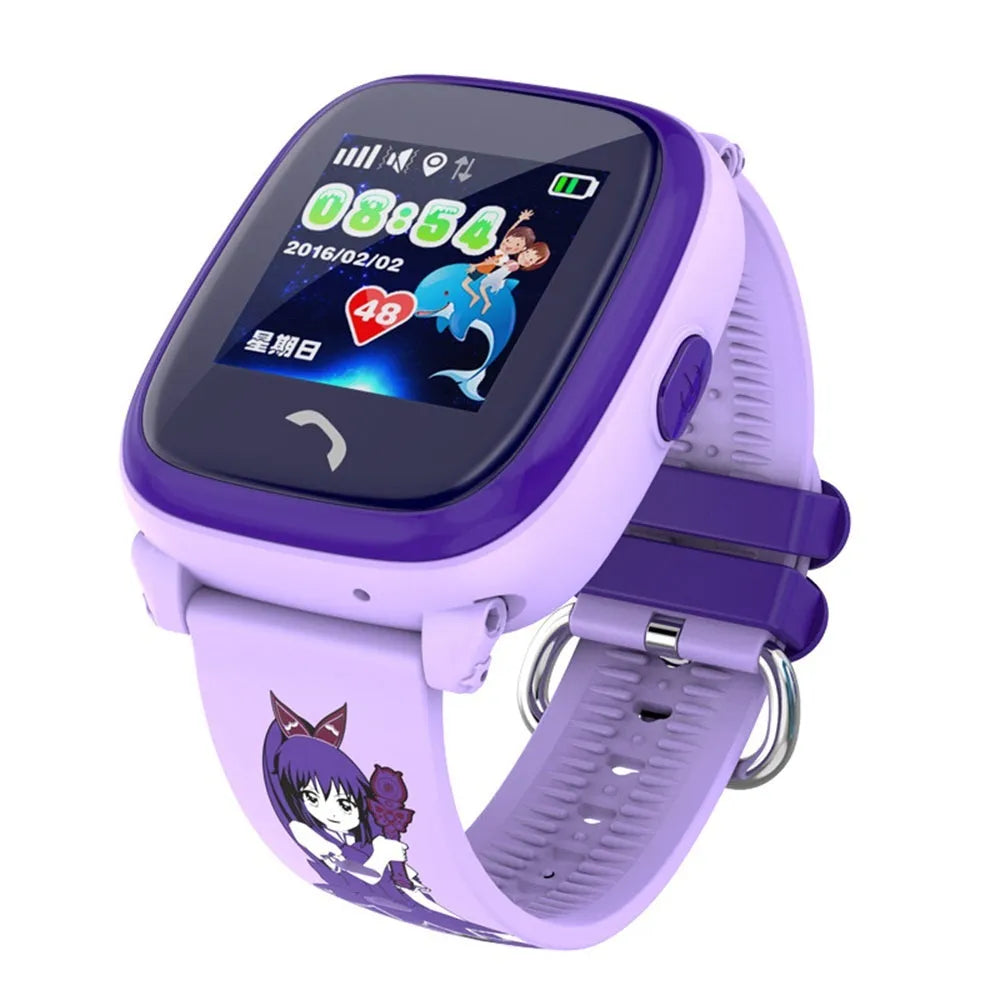 Blue children's waterproof smart watch with touch screen and silicone wristband showing SOS button