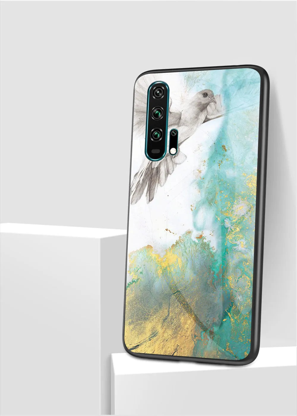 Honor 20 Pro in a marble-patterned tempered glass and silicone anti-fall phone case.