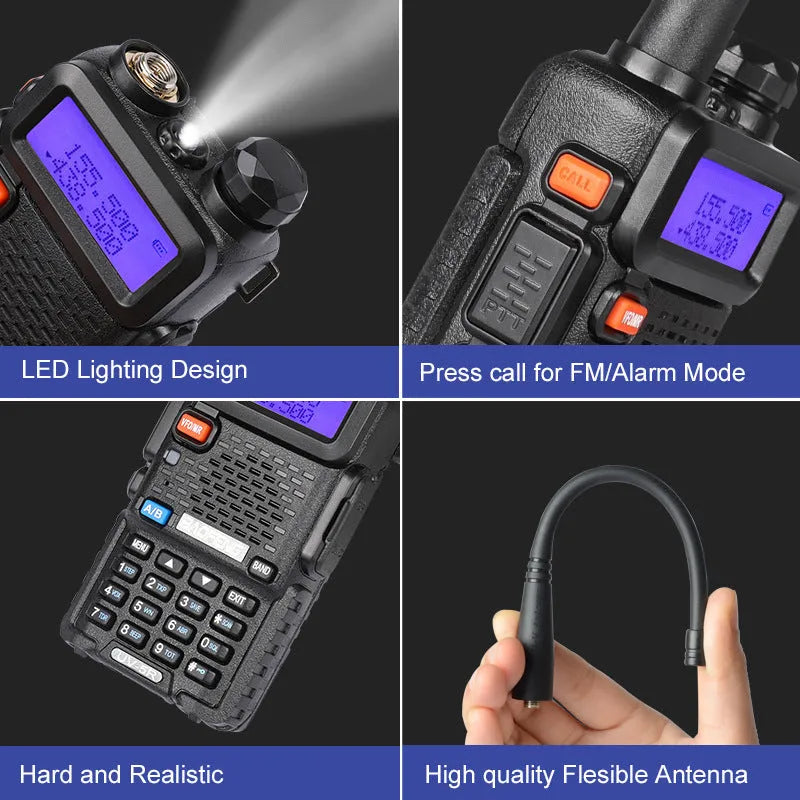 Black professional two-way radio walkie talkie with antenna, showing compact dimensions