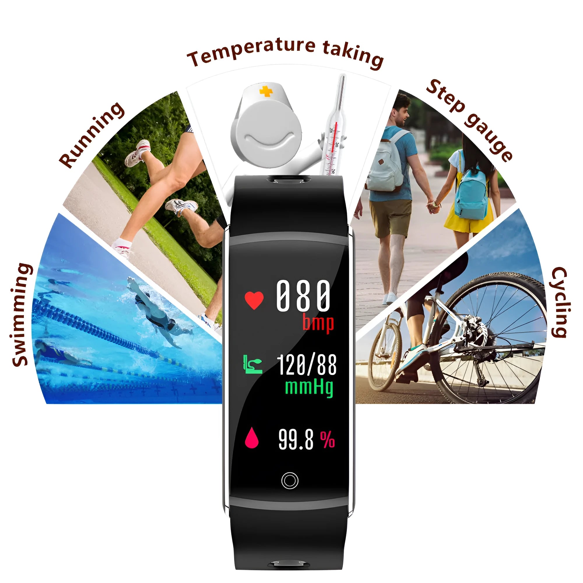 F10T smart bracelet for body temperature monitoring on a wrist, showing its 0.96-inch screen and silicone strap.