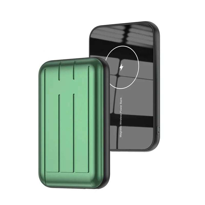 Blue 15W wireless magnetic power bank with 5000mAh capacity next to a smartphone