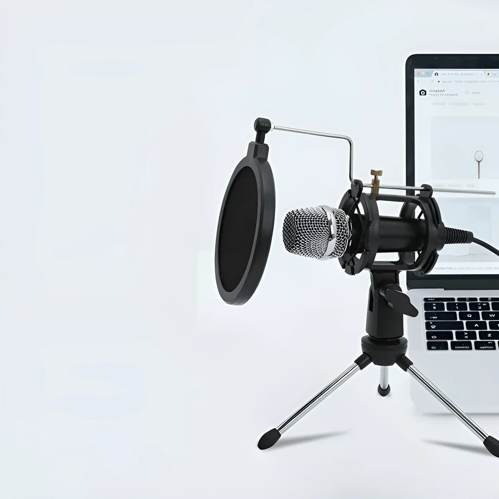 Black mini condenser microphone with aluminium stand for mobile phone and computer live broadcasting