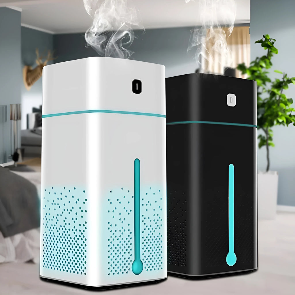 Black or white USB-powered desktop humidifier with 1000ml capacity measuring 103x103x218mm